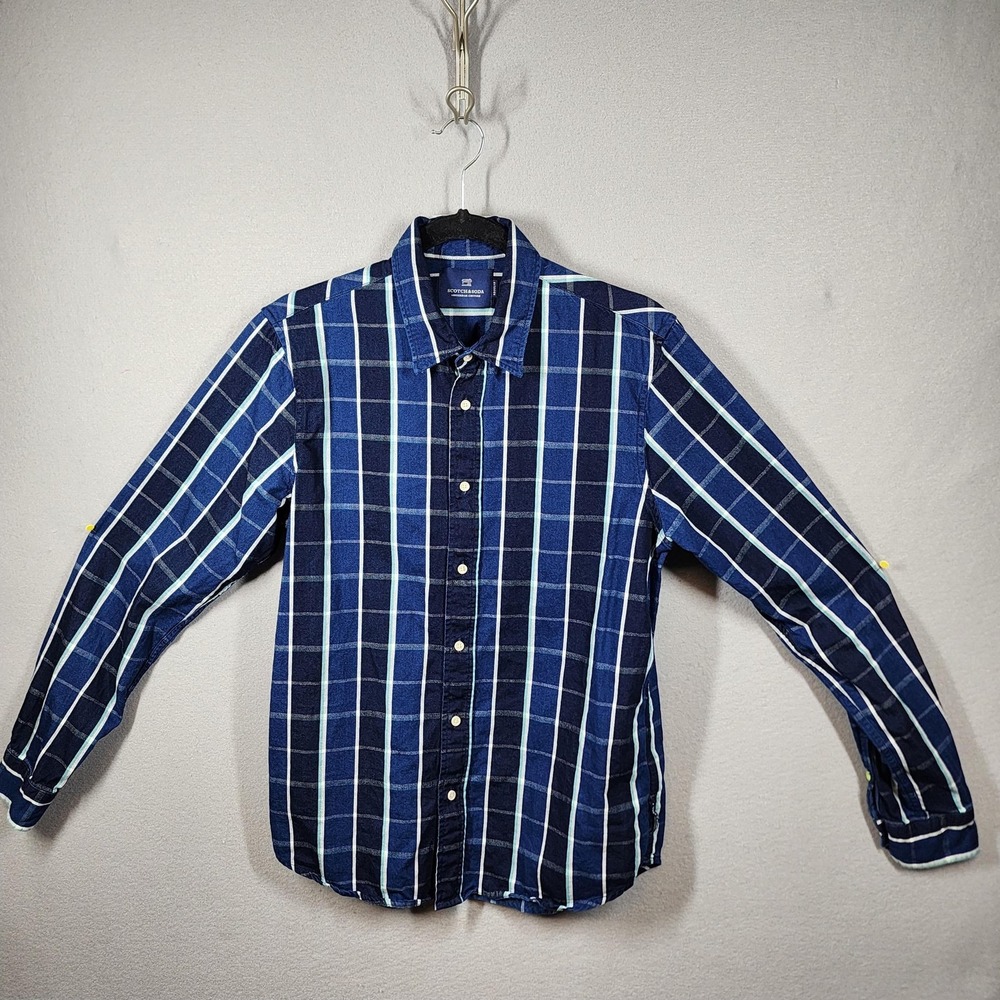 Scotch & Soda Shirt Mens Medium Blue Plaid‎ Button Up Long Sleeve Cotton Casual